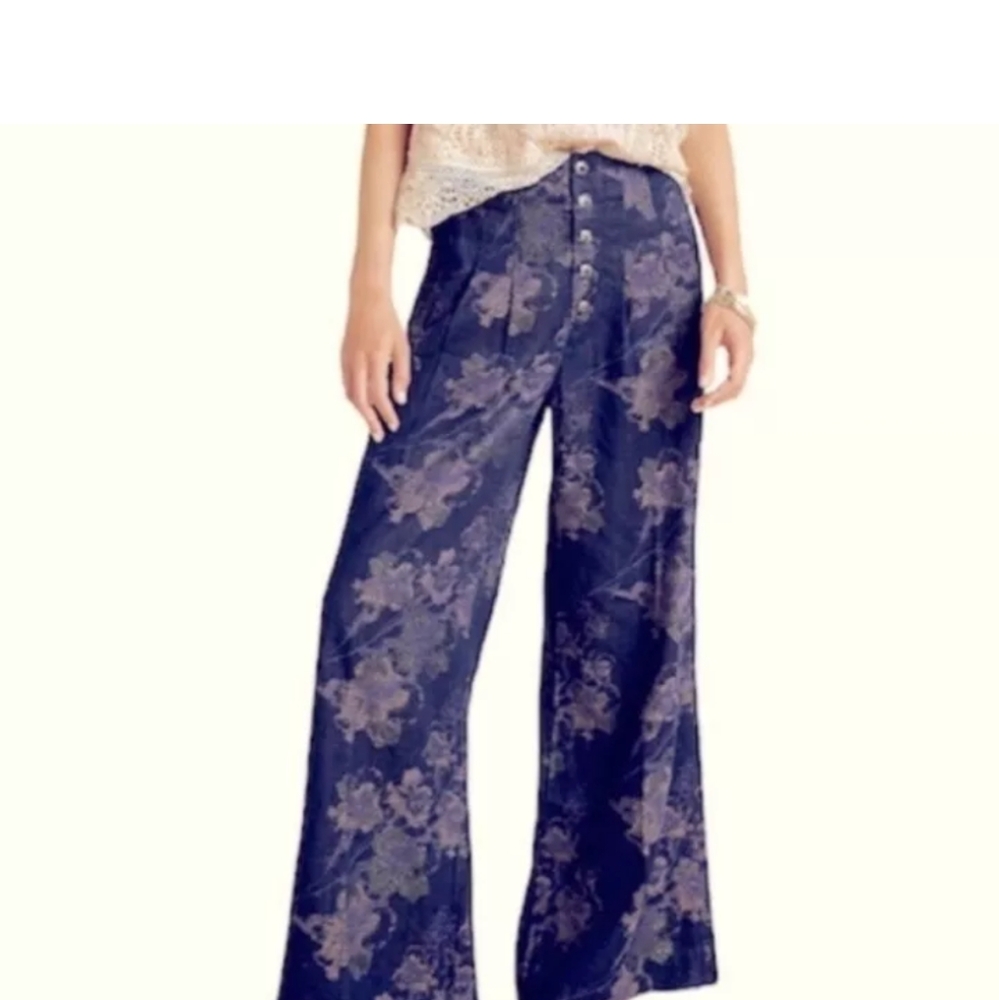 Anthropologie Pilcro Jacquard Pants Floral Wide Leg Cotton Blend Blue Sz 31